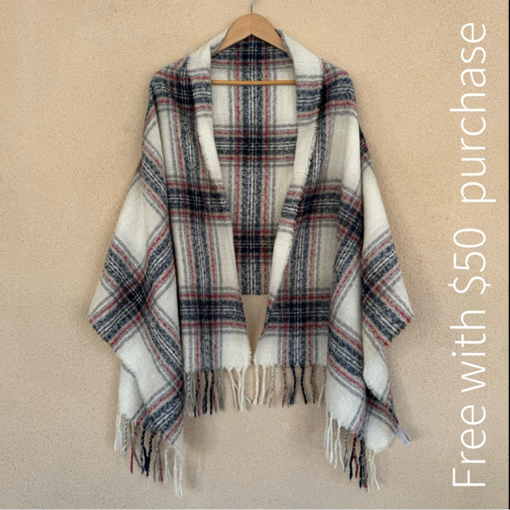 Free Press Nordstrom Reversible w/Fringe Plaid Scarf Cream/Navy/Red